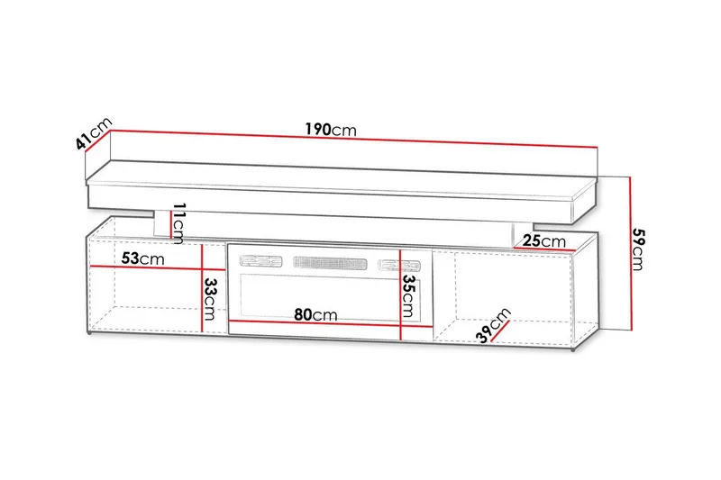 Glenndale TV benk med oppbevaring + LED kamin + Belysning 190 cm - Hvit - Møbler - Mediamøbel & tv møbel - TV-benk & mediabenk