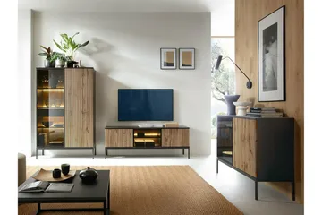 Klinkerville TV-benk med Belysning 39 cm dyp 56 cm bred - Svart Tre / Glass / Ribbet - Møbler - Mediamøbel & tv møbel - TV-benk & mediabenk
