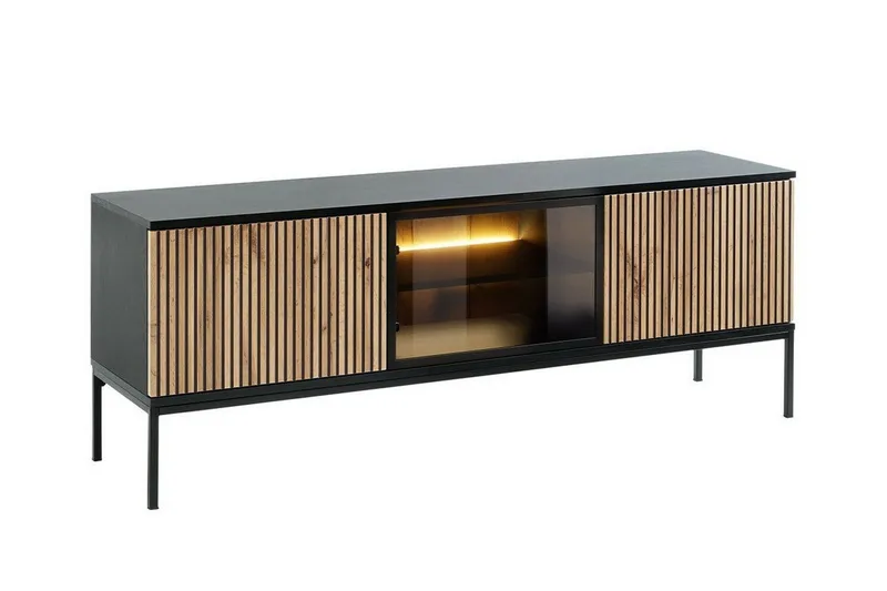 Klinkerville TV-benk med Belysning 39 cm dyp 56 cm bred, Svart Tre / Glass / Ribbet