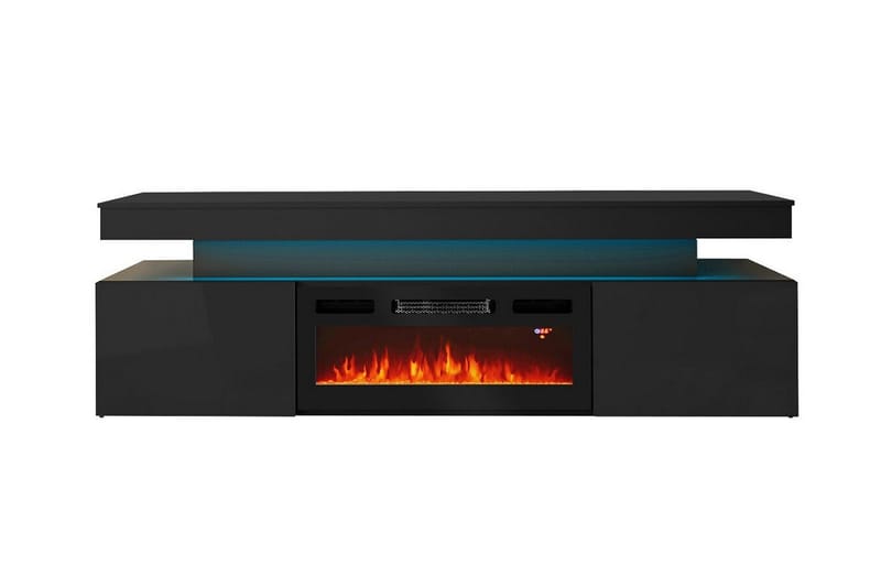 TV-benk Glenndale med oppbevaring + LED-kamin + Belysning 190 cm - Svart - Møbler - Mediamøbel & tv møbel - TV-skap