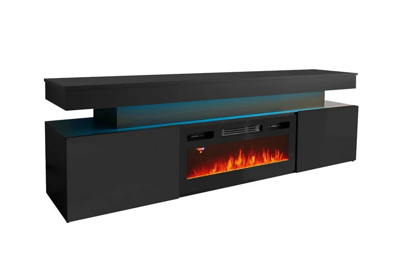 TV-benk Glenndale med oppbevaring + LED-kamin + Belysning 190 cm, Svart