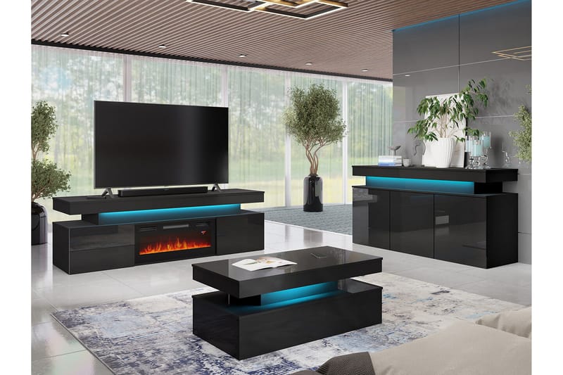 TV-benk Glenndale med oppbevaring + LED-kamin + Belysning 190 cm - Svart - Møbler - Mediamøbel & tv møbel - TV-benk & mediabenk