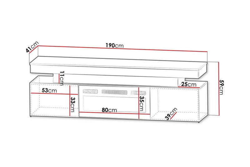 TV-benk Glenndale med oppbevaring + LED-kamin + Belysning 190 cm - Svart - Møbler - Mediamøbel & tv møbel - TV-benk & mediabenk
