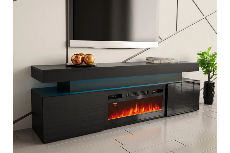 TV-benk Glenndale med oppbevaring + LED-kamin + Belysning 190 cm - Svart - Møbler - Mediamøbel & tv møbel - TV-benk & mediabenk