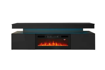 TV-benk Glenndale med oppbevaring + LED-kamin + Belysning 190 cm - Svart - Møbler - Mediamøbel & tv møbel - TV-benk & mediabenk