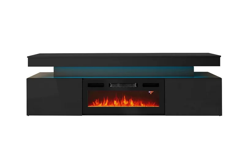 TV-benk Glenndale med oppbevaring + LED-kamin + Belysning 190 cm - Svart - Møbler - Mediamøbel & tv møbel - TV-benk & mediabenk