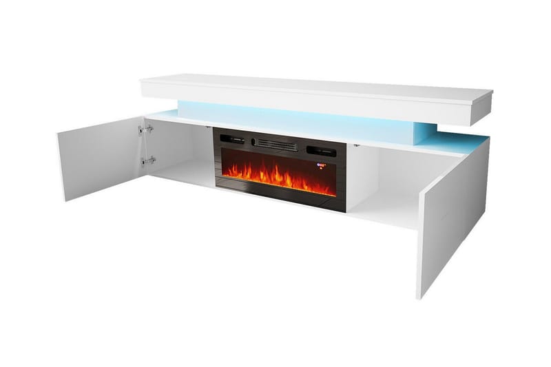 TV-benk Glenndale med oppbevaring + LED-kamin + Belysning 190 cm - Svart - Møbler - Mediamøbel & tv møbel - TV-benk & mediabenk
