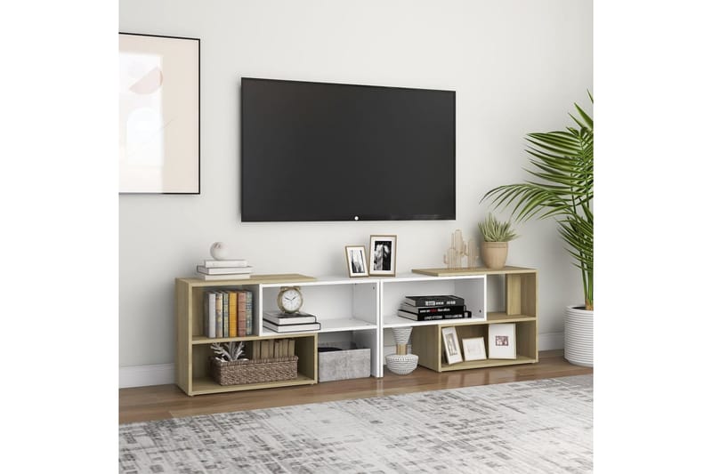 TV-benk hvit og sonoma eik 149x30x52 cm sponplate - Hvit - TV-skap