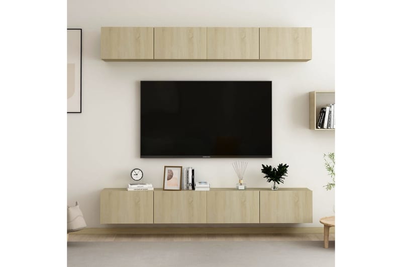 TV-benker 4 stk hvit og sonoma eik 100x30x30 cm sponplate - Brun - Møbler - Mediamøbel & tv møbel - TV-skap