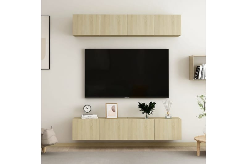 TV-benker 4 stk hvit og sonoma eik 80x30x30 cm sponplate - Brun - Møbler - Mediamøbel & tv møbel - TV-skap