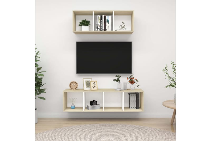 TV-benksett 2 stk hvit og sonoma eik sponplate - Beige - Møbler - Mediamøbel & tv møbel - TV-skap