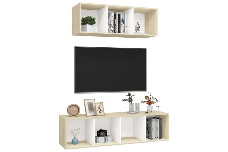 TV-benksett 2 stk hvit og sonoma eik sponplate - Beige - Møbler - Mediamøbel & tv møbel - TV-skap