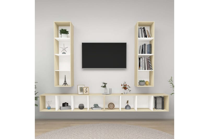Vegghengte TV-benker 4 stk hvit og sonoma eik sponplate - Beige - TV-skap