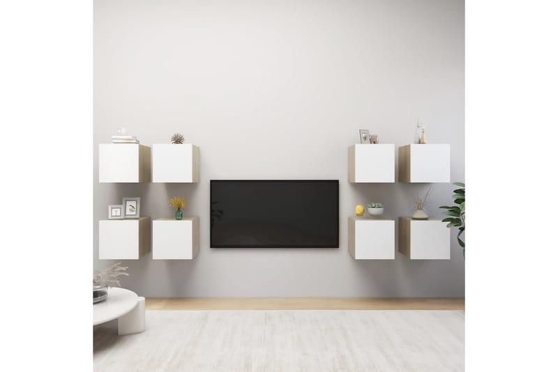 Vegghengte TV-benker 8 stk hvit og sonoma eik 30,5x30x30 cm - Beige - TV-skap