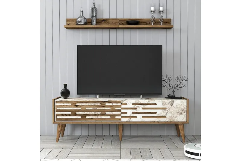 Valensiya TV-møbelsett 140x45 cm - Valnøtt/Hvit/Marmor - Møbler - Mediamøbel & tv møbel - TV-møbelsett