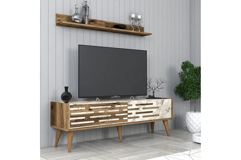 Valensiya TV-møbelsett 140x45 cm - Valnøtt/Hvit/Marmor - Møbler - Mediamøbel & tv møbel - TV-møbelsett