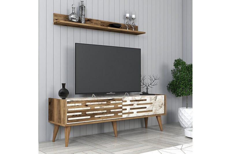 Valensiya TV-møbelsett 140x45 cm - Valnøtt/Hvit/Marmor - Møbler - Mediamøbel & tv møbel - TV-møbelsett