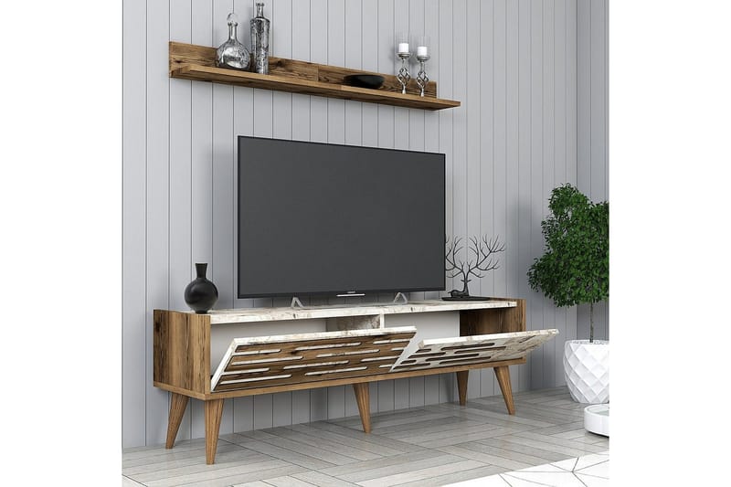 Valensiya TV-møbelsett 140x45 cm - Valnøtt/Hvit/Marmor - Møbler - Mediamøbel & tv møbel - TV-møbelsett