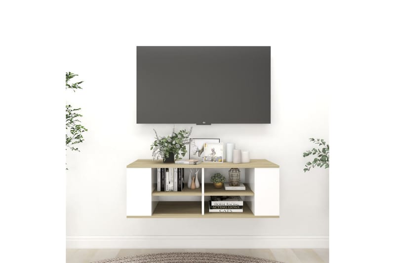 Vegghengt TV-benk hvit og sonoma eik 102x35x35 cm sponplate - Hvit - TV-skap