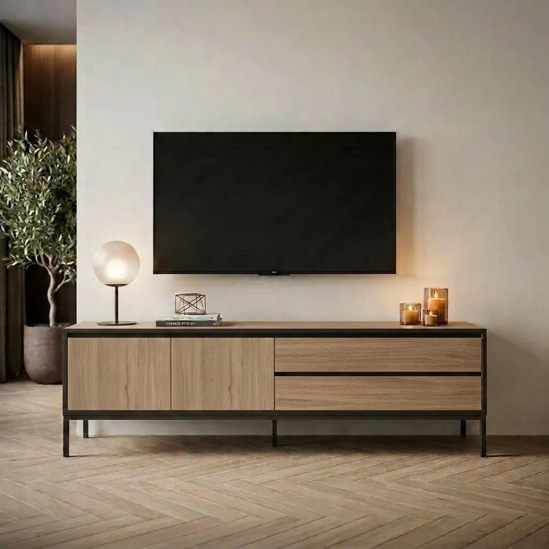 Velar TV-benk 180x55x40 cm - naturlig eik, tre svart, svart - Møbler - Mediamøbel & tv møbel - TV-benk & mediabenk
