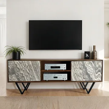 Venlor TV-benk 150x56x35 cm i massivt sheeshamtre med hvit steinlook - Hvit - Møbler - Mediamøbel & tv møbel - TV-benk & mediabenk