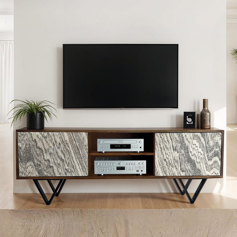 Venlor TV-benk 150x56x35 cm i massivt sheeshamtre med hvit steinlook - Hvit - Møbler - Mediamøbel & tv møbel - TV-benk & mediabenk