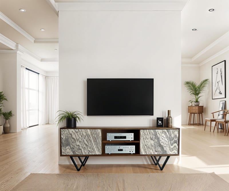 Venlor TV-benk 150x56x35 cm i massivt sheeshamtre med hvit steinlook - Hvit - Møbler - Mediamøbel & tv møbel - TV-benk & mediabenk