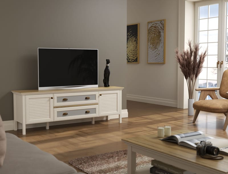 Vopira TV-benk 180 cm - Krem, eik, grå - Møbler - Mediamøbel & tv møbel - Mediestativ & veggfeste