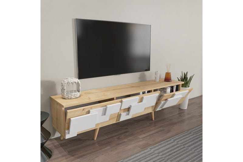Xamira TV-benk 160 cm - Mellomfarget tre/Hvit - Møbler - Mediamøbel & tv møbel - TV-benk & mediabenk