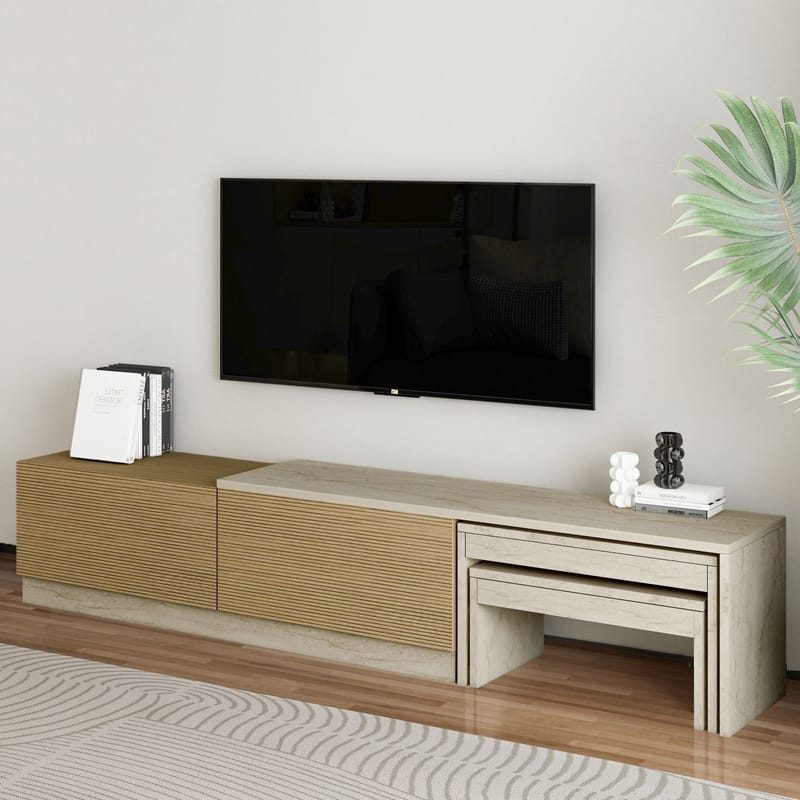 Zalven TV-benk 180x36x30 cm - travertin og varm eik - Møbler - Mediamøbel & tv møbel - TV-benk & mediabenk