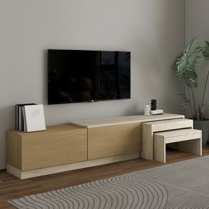 Zalven TV-benk 180x36x30 cm - travertin og varm eik - Møbler - Mediamøbel & tv møbel - TV-benk & mediabenk