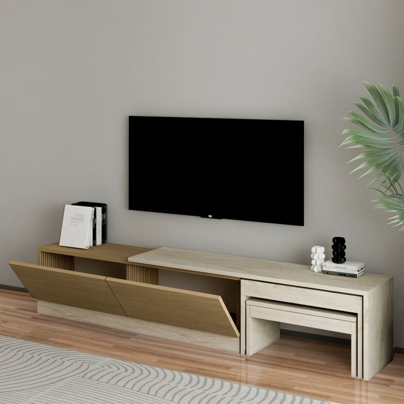 Zalven TV-benk 180x36x30 cm - travertin og varm eik - Møbler - Mediamøbel & tv møbel - TV-benk & mediabenk