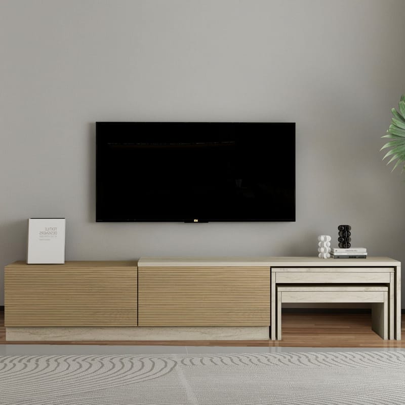 Zalven TV-benk 180x36x30 cm - travertin og varm eik - Møbler - Mediamøbel & tv møbel - TV-benk & mediabenk