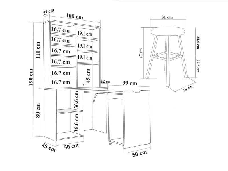 Salongbord- og krakksett (3 deler) Homitis Flexa (100 x 190 x 45 cm) Eik krem - Møbler - Bord