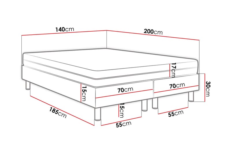 Adeliza Kontinentalseng 140x200 cm+Panel 40 cm - Grå - Komplett sengepakke