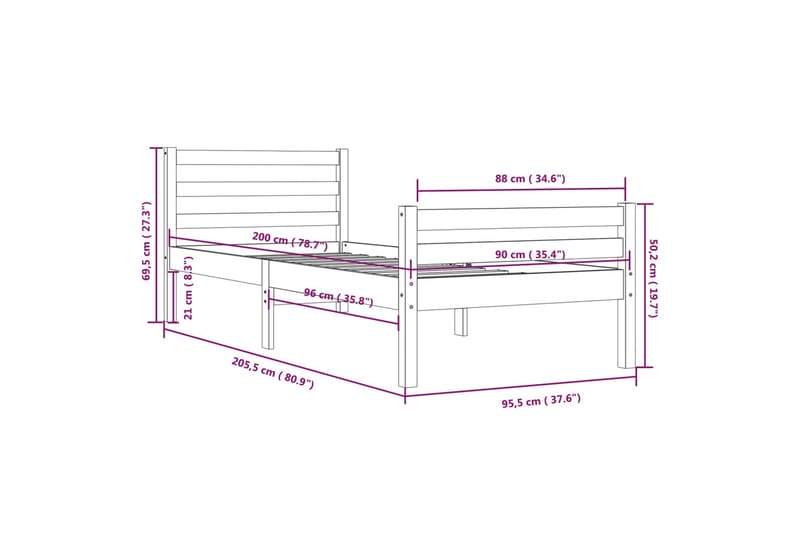 beBasic Sengeramme hvit heltre 90x200 cm - Hvit - Møbler - Senger - Sengeramme & sengestamme