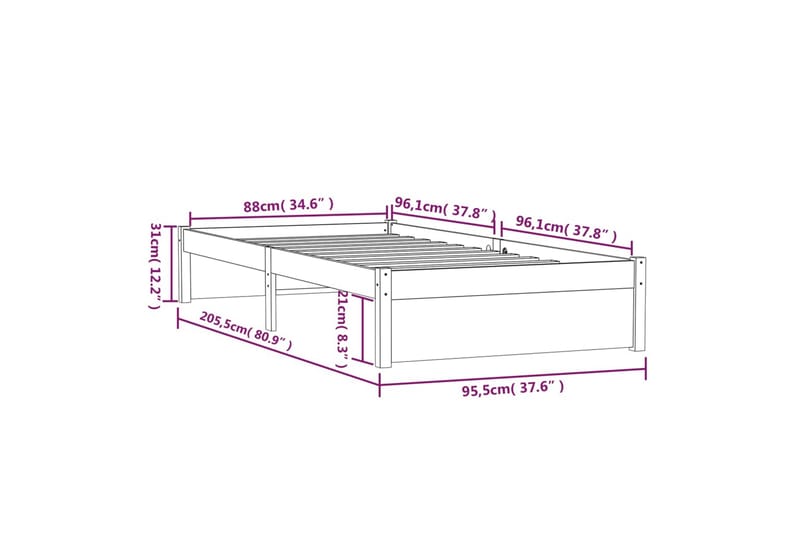 beBasic Sengeramme hvit heltre 90x200 cm - Hvit - Sengeramme & sengestamme