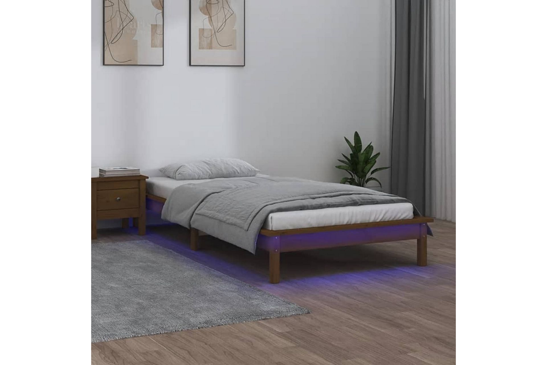 beBasic Sengeramme LED honningbrun 75x190cm 2FT6 liten enkel heltre - Brun - Møbler - Senger - Sengeramme & sengestamme