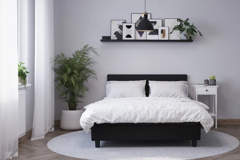 Billingen Komplett Sengepakke – Kontinentalseng 180x200 cm i Stoff med Sengegavl + Overmadrass med Fasthetsgrad Medium - Svart - Møbler - Senger - Kontinentalsenger