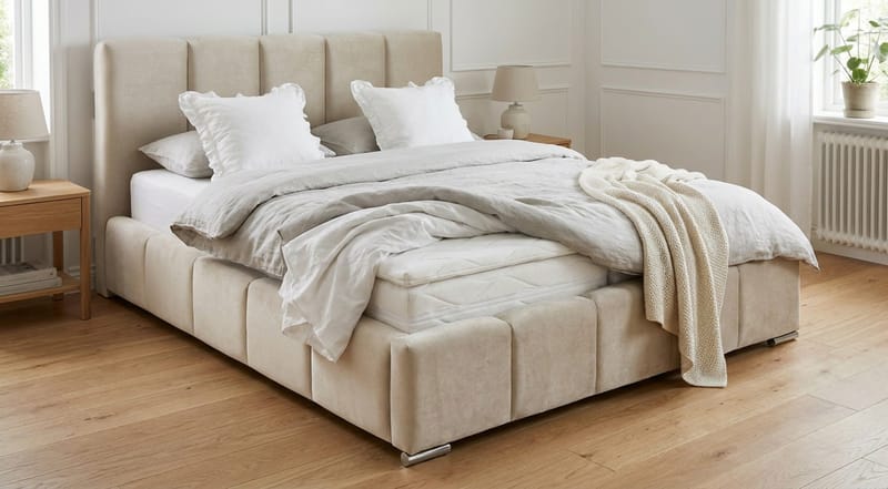 Cleaton sengeramme 160x200 cm med oppbevaring HVILA skummadrass og overmadrass i polyeterskum vendbar sommer- og vinterside og vaskbart trekk - Beige/hvit - Møbler - Senger - Komplett sengepakke