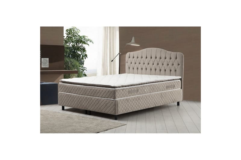 Dobbel madrass, base og hodegjerde Subato-sett Beige - 140 x 125 x 200 cm - Møbler - Senger - Komplett sengepakke