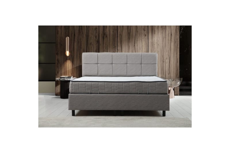 Dobbel madrass, base og hodegjerde Sudalmuni Sett Lysegrå - 140 x 114 x 200 cm - Møbler - Senger - Komplett sengepakke