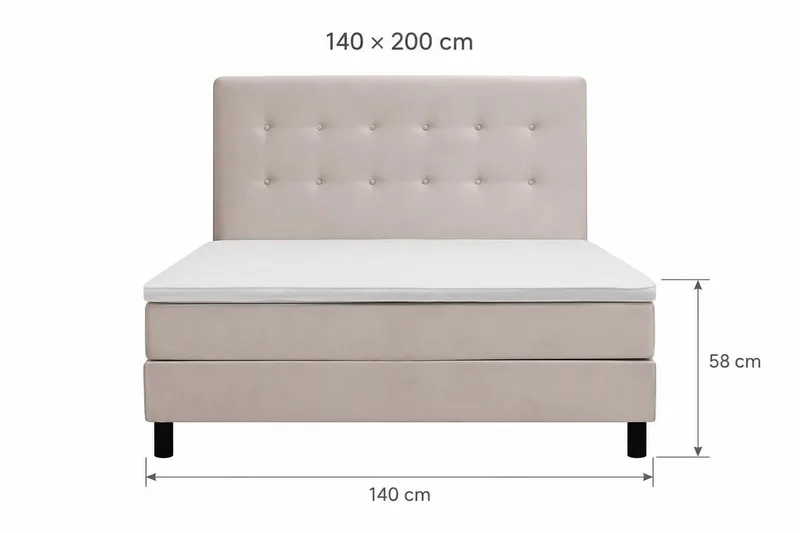Dream Komplett Sengesæt med Knappet Sengegavl og Topmadras – Kontinentalseng 140x200 cm i Stof med Fasthedsgrad Medium - Beige - Møbler - Senger - Kontinentalsenger