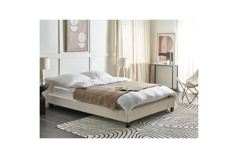 Dubbelsäng Beliani Roanne med lamellram Beige-Mörkt Trä, 140x200 cm, Bouclé Beige 140x200 VALUE_MISSING_2 - Møbler - Senger - Dobbeltsenger