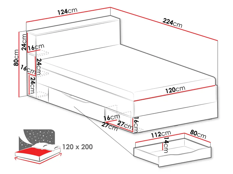 Edson Sengepakke med Oppbevaring 120x200 cm i Tre med Sengegavl + Overmadrass med Stofframme - Hvit - Møbler - Senger - Sengeramme & sengestamme