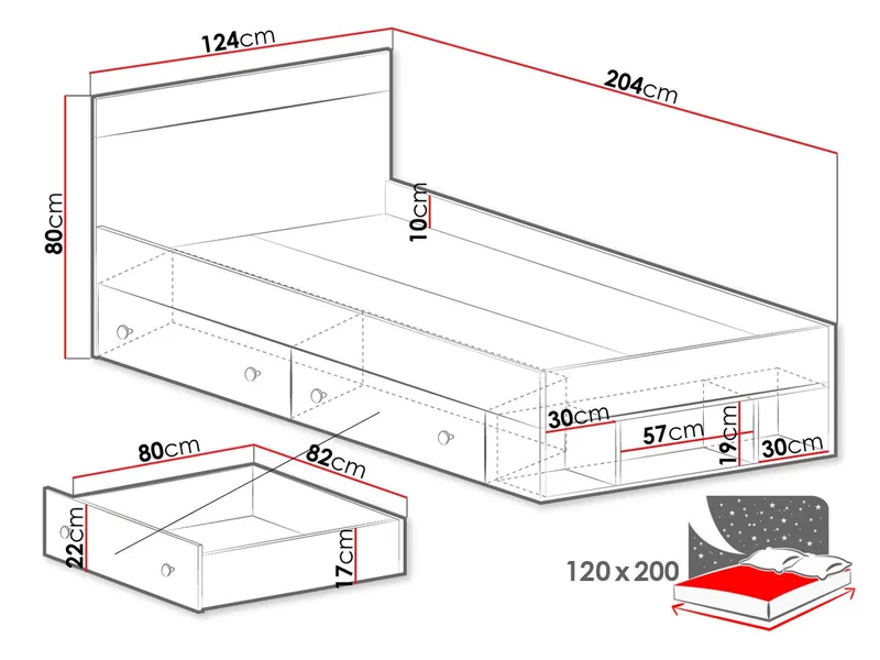 Elvaren Sengeramme med Oppbevaring 120x200 cm i Malt Tre med Sengegavl - Svart|Hvit - Møbler - Senger - Sengeramme & sengestamme