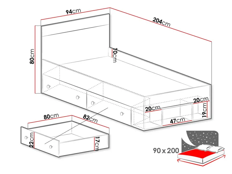 Elvaren Sengeramme med Oppbevaring 90x200 cm i Malt Tre med Sengegavl - Svart|Hvit - Møbler - Senger - Sengeramme & sengestamme