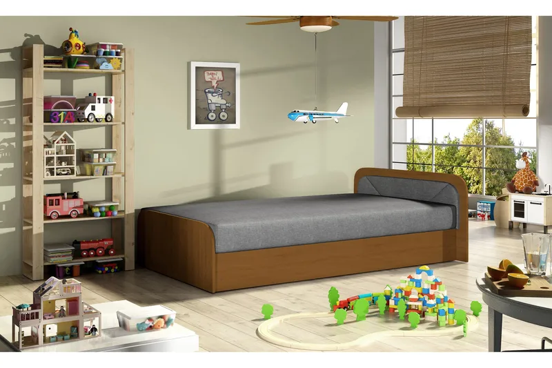 Bohi Sengepakke – Sengeramme 80x200 cm i Stoff med Sengegavl + Overmadrass med Trerammen, Grå