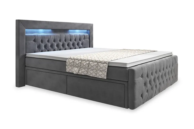 Franco Komplett Sengpakke med Oppbevaring LED-belysning 160x200 cm - Grå / Fløyel - Møbler - Senger - Komplett sengepakke