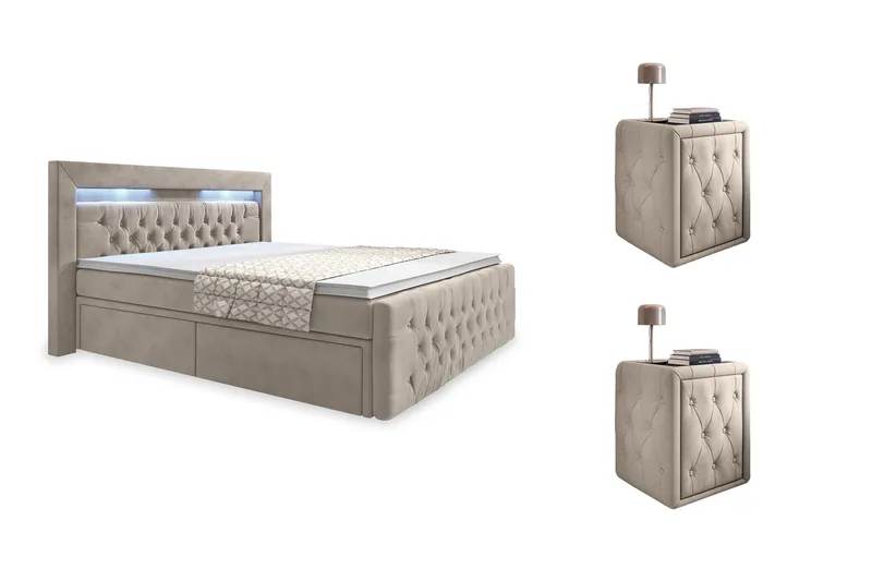 Franco Komplett Sengpakke med Oppbevaring LED-belysning 180x200 cm + 2 stk. Franco Nattbord, Beige|Fløyel